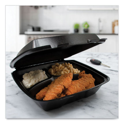 Insulated Foam Hinged Lid Containers, 3 Compartments, 9.01 x 9.4 x 3.1, Black, 200/Carton