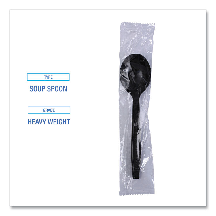 Heavyweight Wrapped Polypropylene Cutlery, Soup Spoon, Plastic, Black, 1,000/Carton