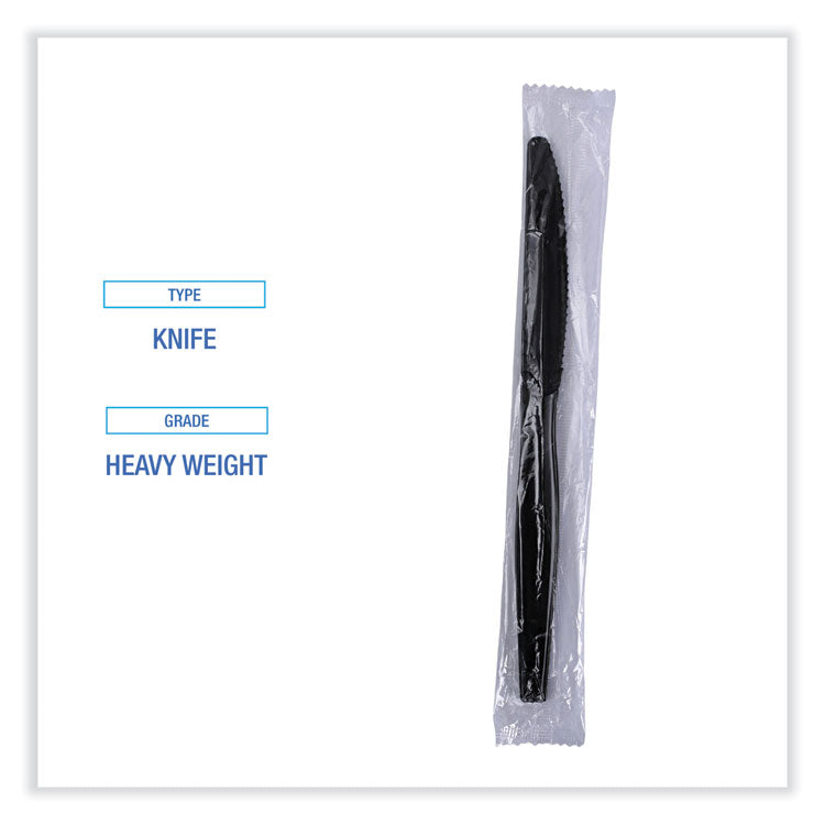 Heavyweight Wrapped Polystyrene Cutlery, Knife, Plastic, Black, 1,000/Carton