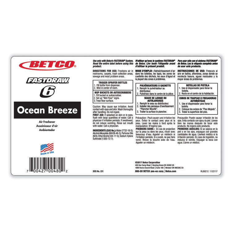 Bestscent Ocean Breeze Deodorizer, Ocean Breeze Scent, 67.6 Oz Fastdraw Bottle, 4/carton