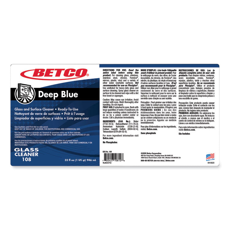 Deep Blue Glass and Surface Cleaner, Ammonia Scent, 32 oz Bottle, 12/Carton