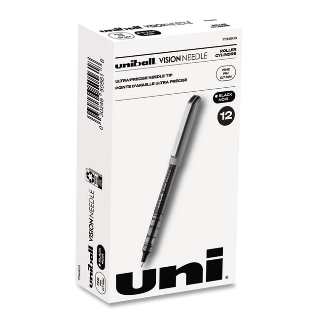 VISION Needle Rollerball Pen, Stick, Fine 0.7 mm, Black Ink, Gray/Clear/Black Barrel, Dozen