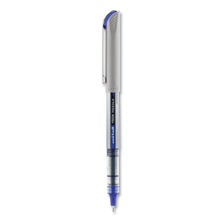 VISION Needle Rollerball Pen, Stick, Fine 0.7 mm, Blue Ink, Gray/Clear/Blue Barrel, Dozen