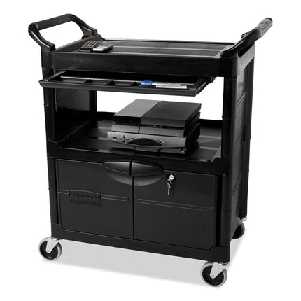 Utility Cart with Locking Doors, Plastic, 3 Shelves, 200 lb Capacity, 33.63" x 18.63" x 37.75", Black