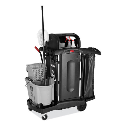 Executive High Security Janitorial Cleaning Cart, Plastic, 4 Shelves, 1 Bin, 23.1" x 39.6" x 27.5", Black