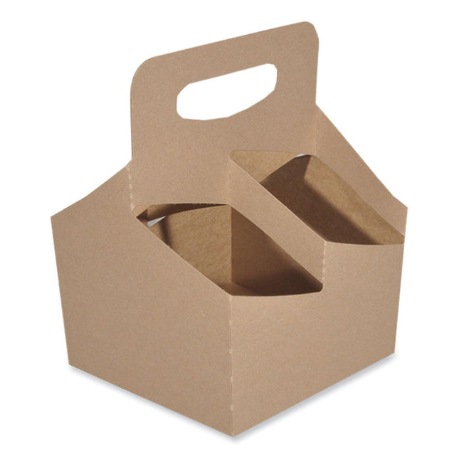 4-Corner Pop-Up Food and Drink Tray, 4-Cup Drink Carrier, Up to 24 oz Beverages, 6.5 x 6.25 x 9, Brown, Paper, 250/Carton