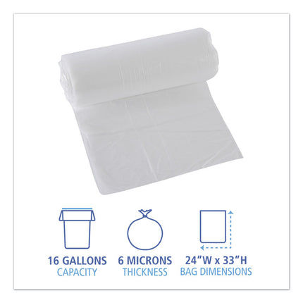 High-Density Can Liners, 16 gal, 6 mic, 24" x 33", Natural, Perforated Roll, 50 Bags/Roll, 20 Rolls/Carton