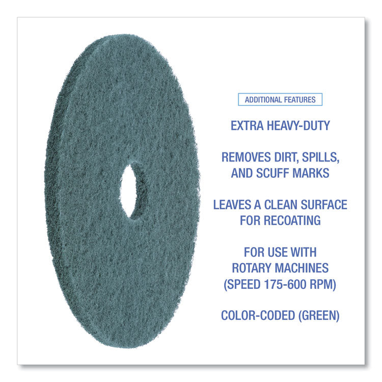 Heavy-Duty Scrubbing Floor Pads, 17" Diameter, Green, 5/carton