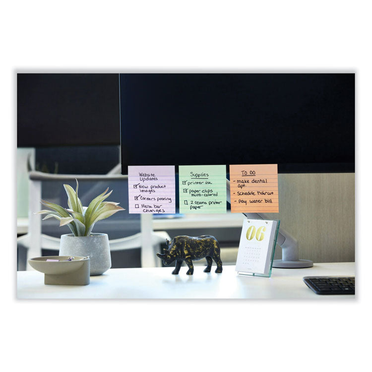 100% Recycled Paper Super Sticky Notes, Ruled, 4" x 4", Wanderlust Pastels, 70 Sheets/Pad, 3 Pads/Pack