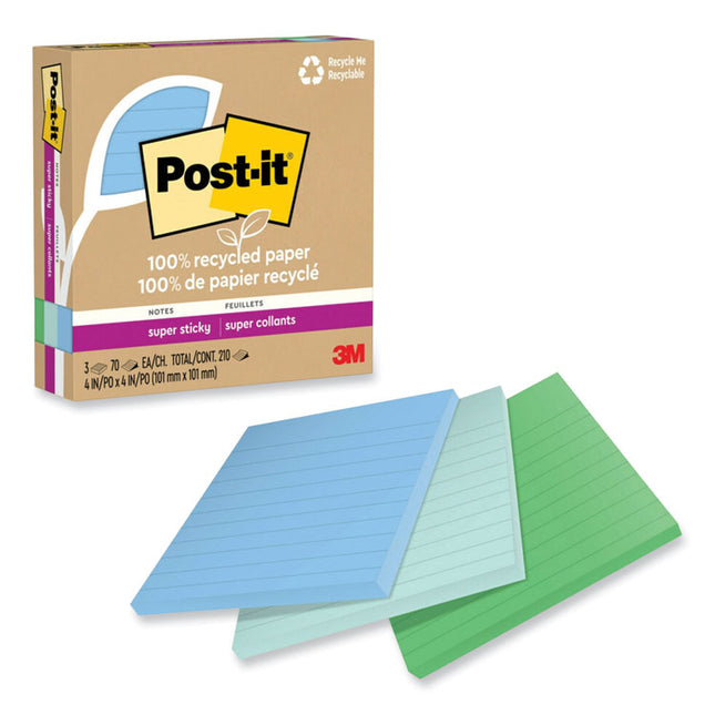 100% Recycled Paper Super Sticky Notes, Ruled, 4" x 4", Oasis, 70 Sheets/Pad, 3 Pads/Pack