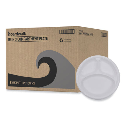 Hi-Impact Plastic Dinnerware, 3-Compartment Plate, 10" dia, White, 500/Carton