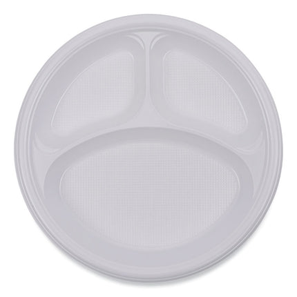 Hi-Impact Plastic Dinnerware, 3-Compartment Plate, 10" dia, White, 500/Carton