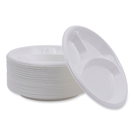 Hi-Impact Plastic Dinnerware, 3-Compartment Plate, 10" dia, White, 500/Carton