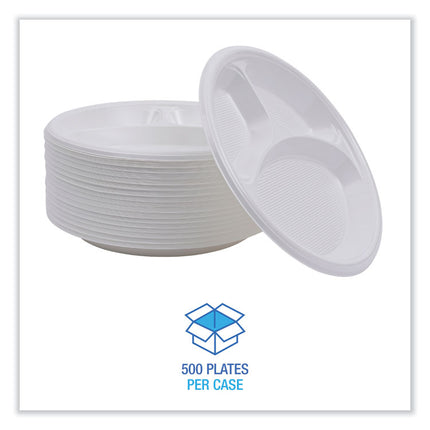 Hi-Impact Plastic Dinnerware, 3-Compartment Plate, 10" dia, White, 500/Carton