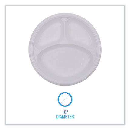 Hi-Impact Plastic Dinnerware, 3-Compartment Plate, 10" dia, White, 500/Carton