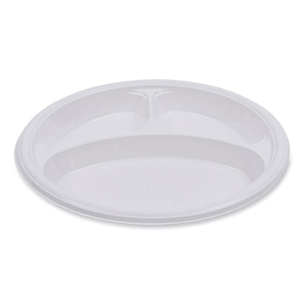 Hi-Impact Plastic Dinnerware, 3-Compartment Plate, 10" dia, White, 500/Carton