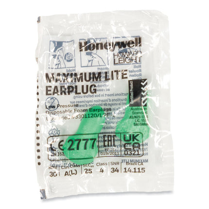 MAXIMUM Lite Single-Use Earplugs, Cordless, 30NRR, Green, 200 Pairs
