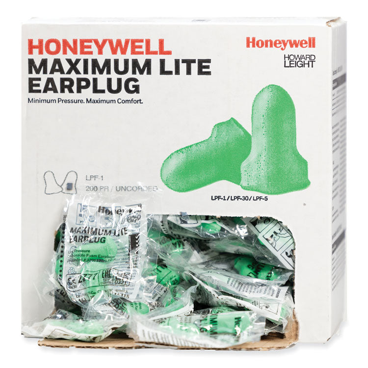 MAXIMUM Lite Single-Use Earplugs, Cordless, 30NRR, Green, 200 Pairs