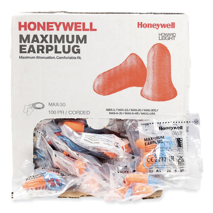 MAXIMUM Single-Use Earplugs, Corded, 33NRR, Coral, 100 Pairs