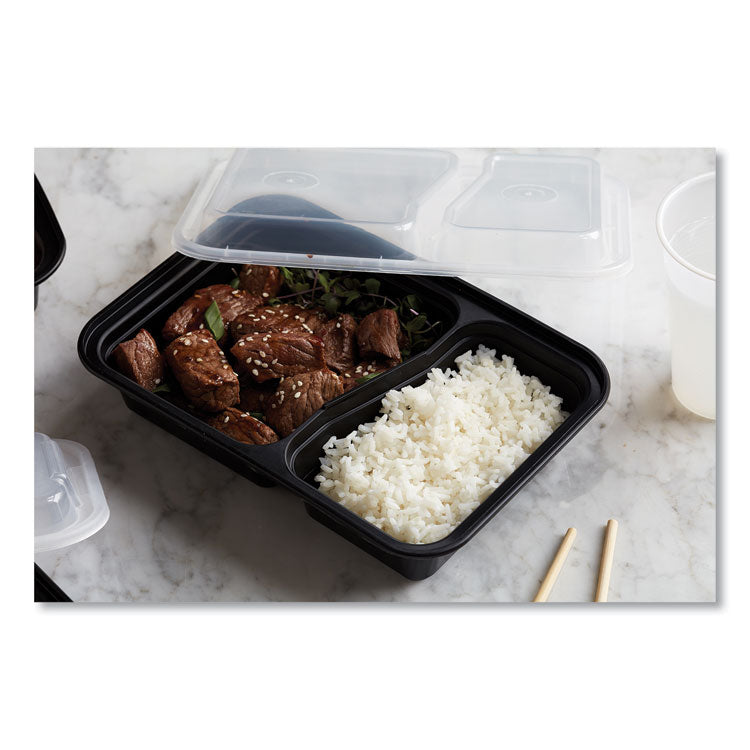 Newspring VERSAtainer Microwavable Containers, Rectangular, 2 Compartments, 30 oz, Black/Clear, Plastic, 150/Carton