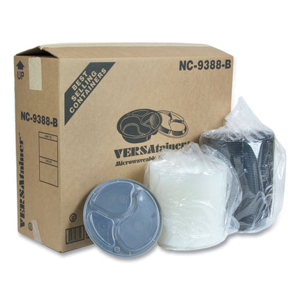 Newspring VERSAtainer Microwavable Containers, Round, 3 Compartments, 39 oz, 9 x 9 x 2.25, Black/Clear, Plastic, 150/Carton