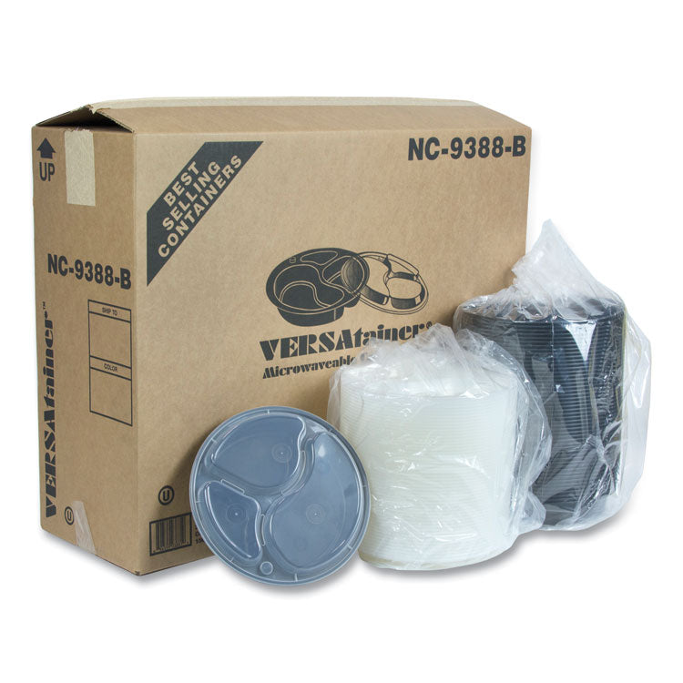 Newspring VERSAtainer Microwavable Containers, Round, 3 Compartments, 39 oz, 9 x 9 x 2.25, Black/Clear, Plastic, 150/Carton