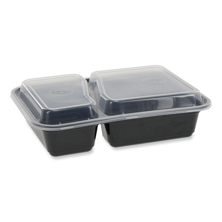Newspring VERSAtainer Microwavable Containers, Rectangular, 2 Compartments, 30 oz, Black/Clear, Plastic, 150/Carton