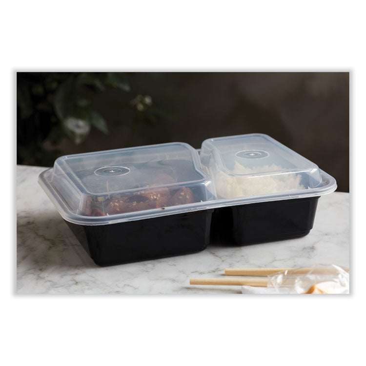 Newspring VERSAtainer Microwavable Containers, Rectangular, 2 Compartments, 30 oz, Black/Clear, Plastic, 150/Carton
