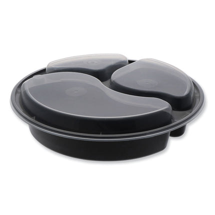 Newspring VERSAtainer Microwavable Containers, Round, 3 Compartments, 39 oz, 9 x 9 x 2.25, Black/Clear, Plastic, 150/Carton