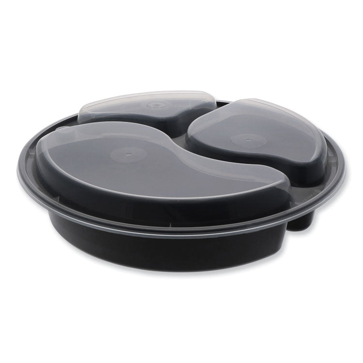 Newspring VERSAtainer Microwavable Containers, Round, 3 Compartments, 39 oz, 9 x 9 x 2.25, Black/Clear, Plastic, 150/Carton