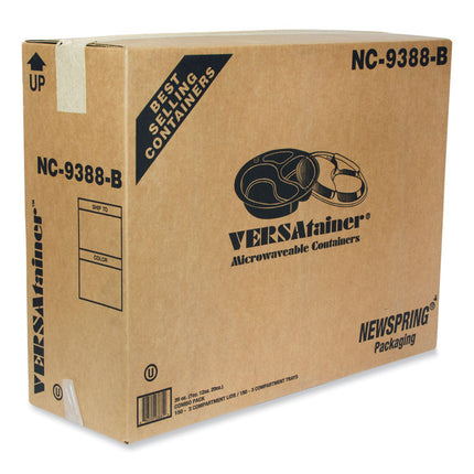 Newspring VERSAtainer Microwavable Containers, Round, 3 Compartments, 39 oz, 9 x 9 x 2.25, Black/Clear, Plastic, 150/Carton