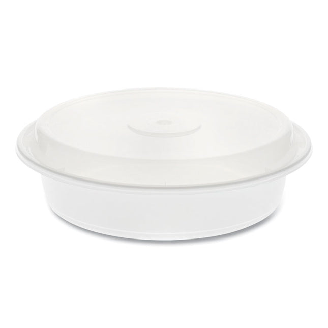Newspring VERSAtainer Microwavable Containers, Round, 35 oz, 8 x 8 x 2.5, White/Clear, Plastic, 150/Carton