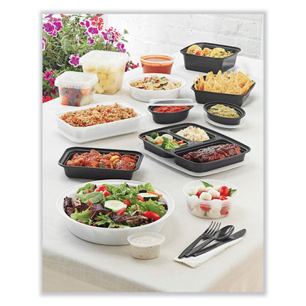 Newspring VERSAtainer Microwavable Containers, Round, 3 Compartments, 39 oz, 9 x 9 x 2.25, Black/Clear, Plastic, 150/Carton
