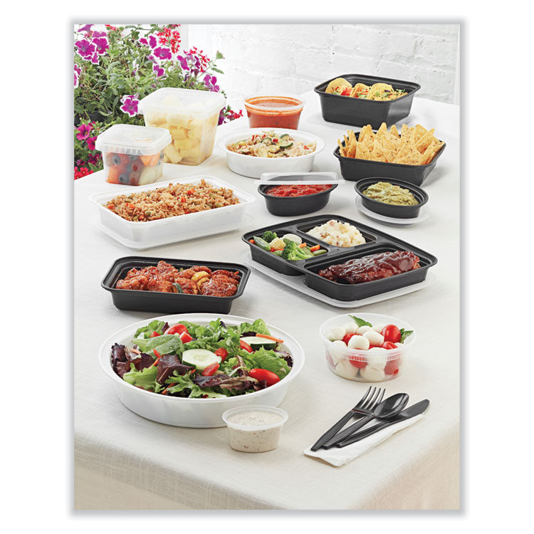 Newspring VERSAtainer Microwavable Containers, Round, 3 Compartments, 39 oz, 9 x 9 x 2.25, Black/Clear, Plastic, 150/Carton
