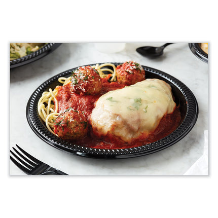 Meadoware Impact Plastic Dinnerware, Plate, 8.9" dia, Black, 400/Carton