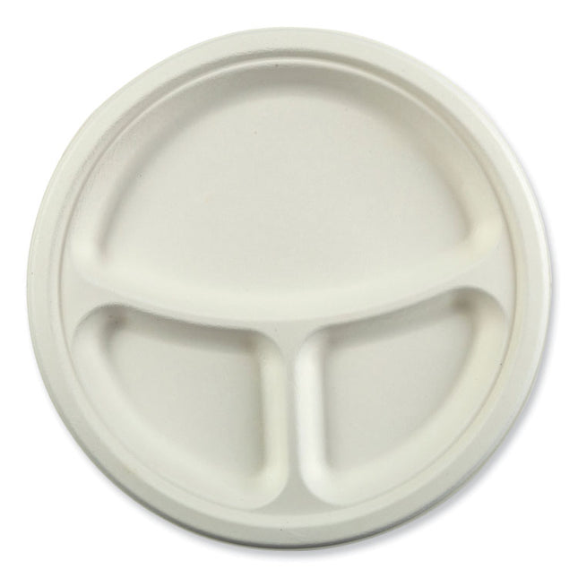 Bagasse PFAS-Free Dinnerware, 3-Compartment Plate, Sugarcane, 10.24" dia, White, 500/Carton