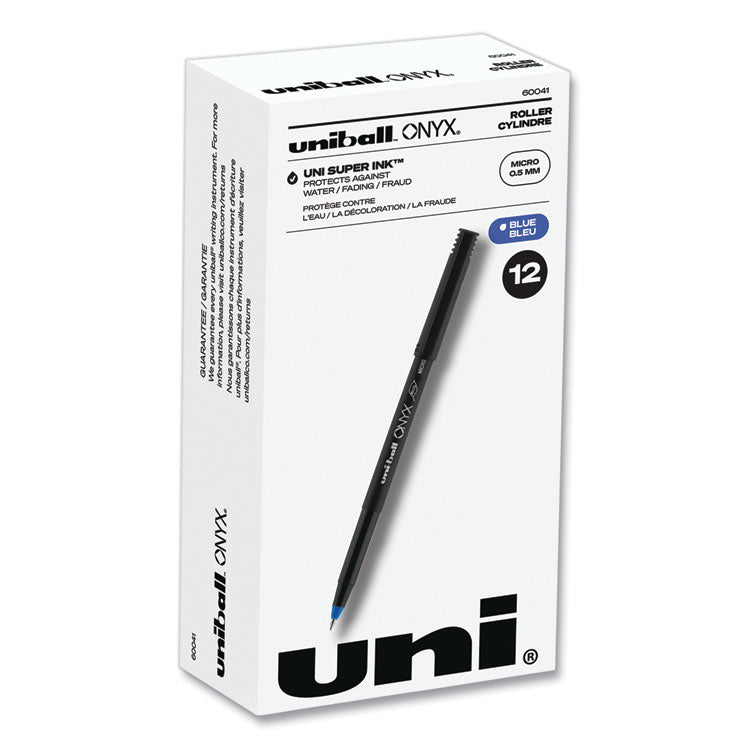 ONYX Rollerball Pen, Stick, Extra-Fine 0.5 mm, Blue Ink, Black/Blue Barrel, Dozen