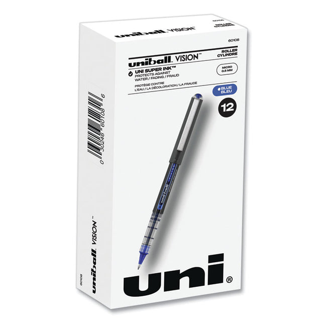 VISION Rollerball Pen, Stick, Extra-Fine 0.5 mm, Blue Ink, Gray/Blue/Clear Barrel, Dozen