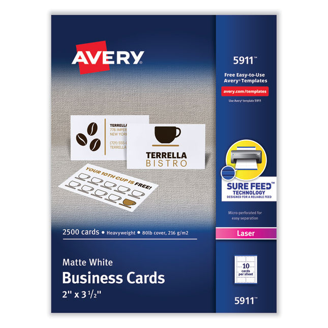 Printable Microperforated Business Cards W/sure Feed Technology, Laser, 2 X 3.5, White, 2,500 Cards, 10/sheet, 250 Sheets/box