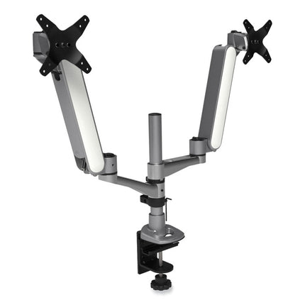 Multi-Directional Dual Monitor Arm, For 30" Monitors, 360 Deg Rotation, 105 Deg Tilt, 360 Deg Pan, Silver/WH, Supports 20 lbs