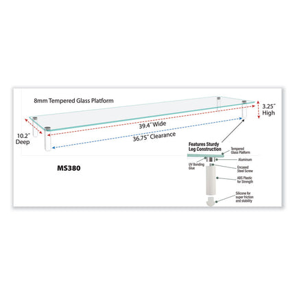 Extra Wide Glass Monitor Riser, 39.4" x 10.2" x 3.25", Clear, Supports 60 lbs