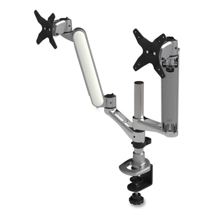 Multi-Directional Dual Monitor Arm, For 30" Monitors, 360 Deg Rotation, 105 Deg Tilt, 360 Deg Pan, Silver/WH, Supports 20 lbs
