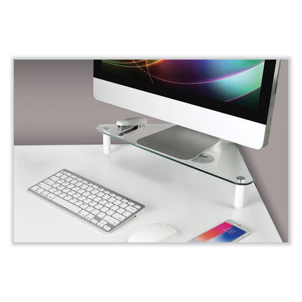 Glass Corner Monitor Riser, 19.7" x 11" x 3.25", Clear, Supports 40 lbs