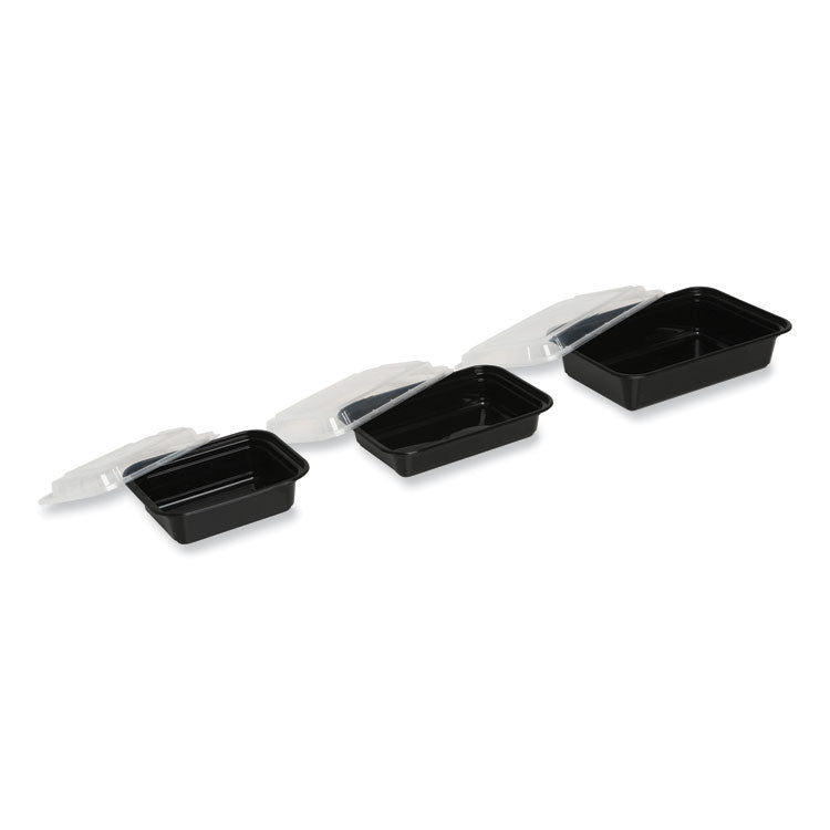Microwavable Food Container with Lid, Rectangular, 28 oz, 8.81 x 6.02 x 2.04, Black/Clear, Plastic, 150/Carton