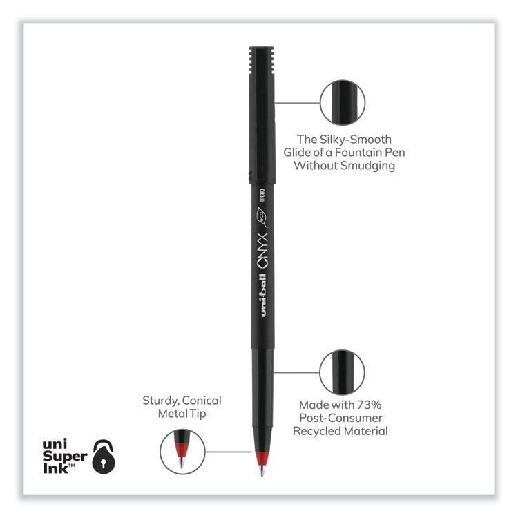 ONYX Rollerball Pen, Stick, Extra-Fine 0.5 mm, Red Ink, Black/Red Barrel, Dozen