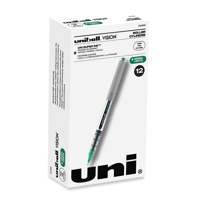 VISION Rollerball Pen, Stick, Fine 0.7 mm, Green Ink, Silver/Green/Clear Barrel, Dozen