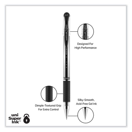 Signo GRIP Gel Pen, Stick, Medium 0.7 mm, Black Ink, Clear/Black/Silver Barrel, Dozen