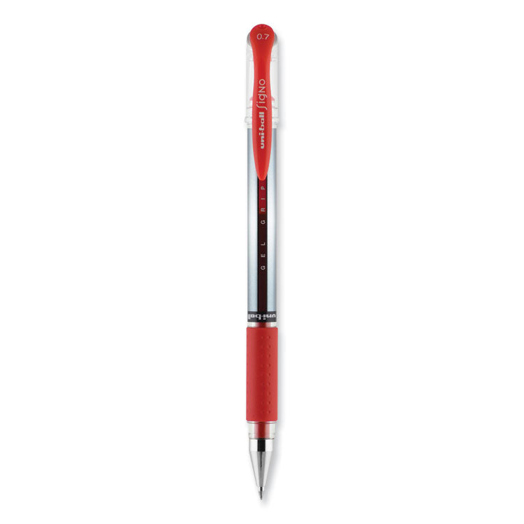 Signo GRIP Gel Pen, Stick, Medium 0.7 mm, Red Ink, Clear/Red/Silver Barrel, Dozen