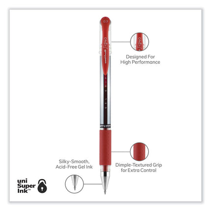 Signo GRIP Gel Pen, Stick, Medium 0.7 mm, Red Ink, Clear/Red/Silver Barrel, Dozen