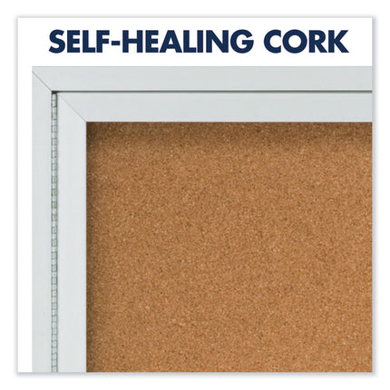 Enclosed Indoor Cork Bulletin Board with Two Hinged Doors, 48" x 36", Tan Surface, Satin Aluminum Frame